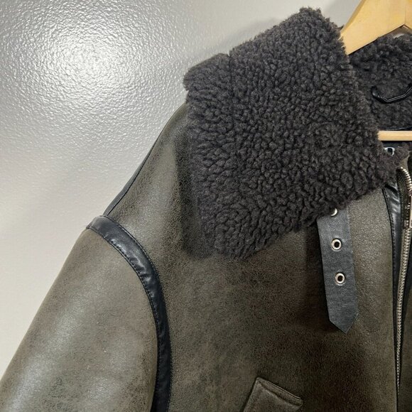 Zara Double Faced Aviator Faux Leather Jacket Size Small Green Shearling Sherpa - Picture 5 of 12